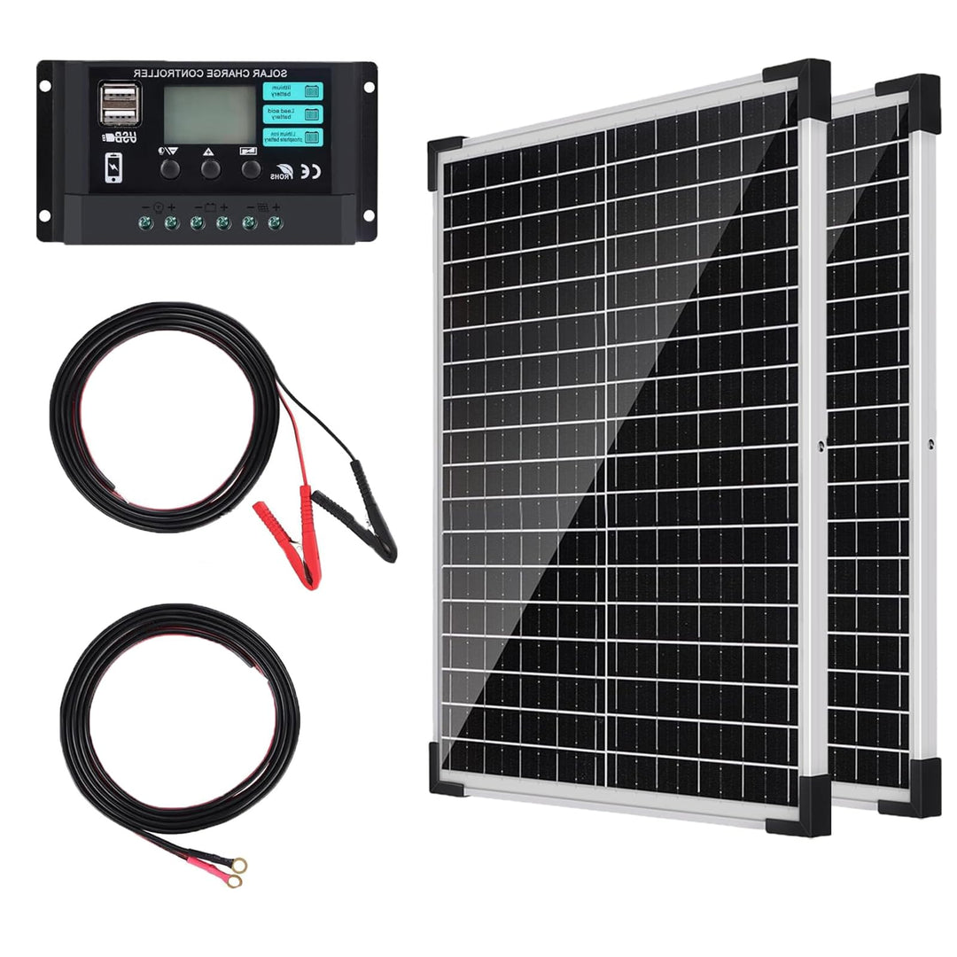 50W Solarpanel 12V Kit: 2x25W Monokristallines Photovoltaik Solarmodul mit 10A Laderegler, 2Pcs Verl