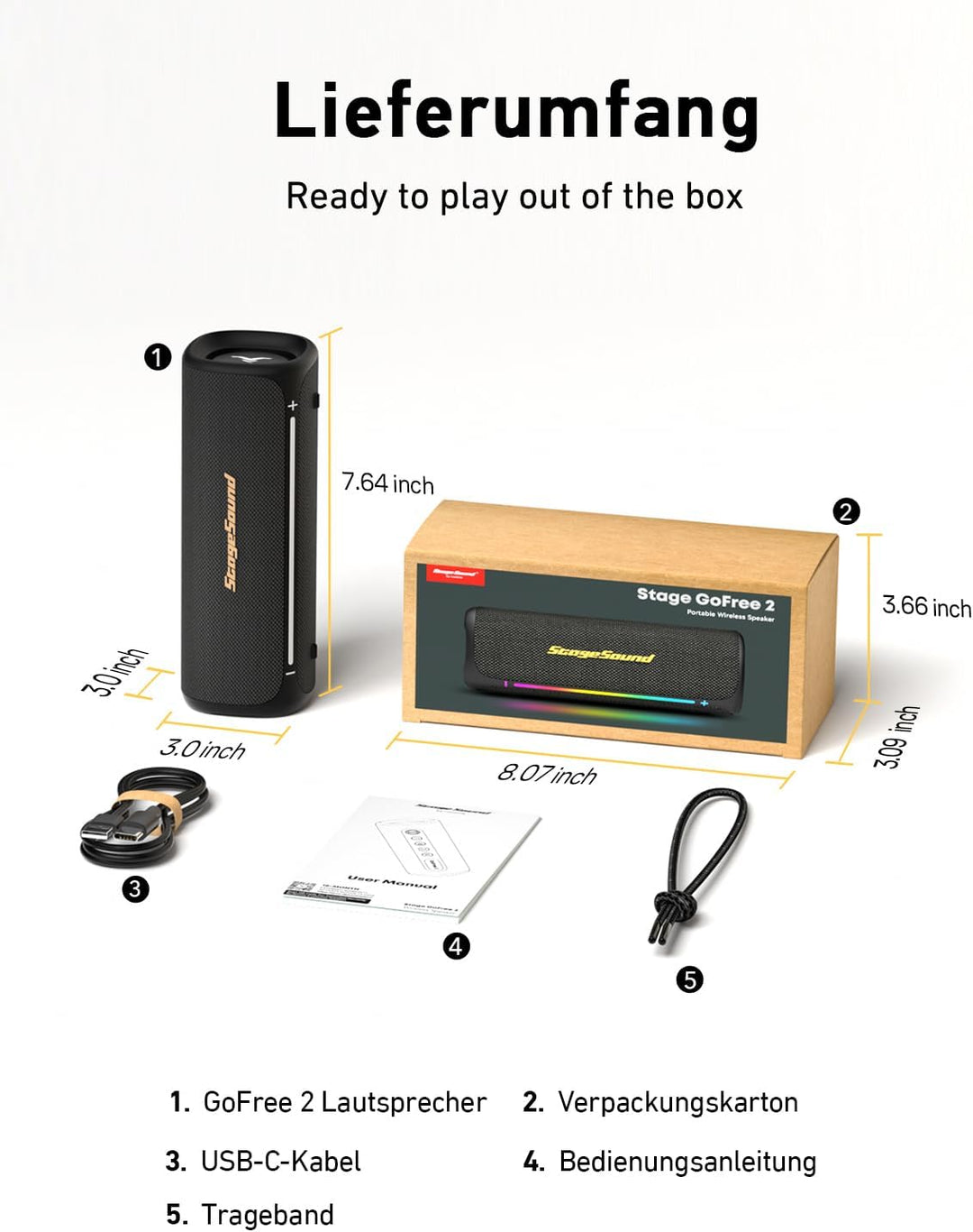 StageSound Outdoor Bluetooth Lautsprecher, Bluetooth 6.0 Musikbox mit 40W Peak Satter Bass, IP67 Was