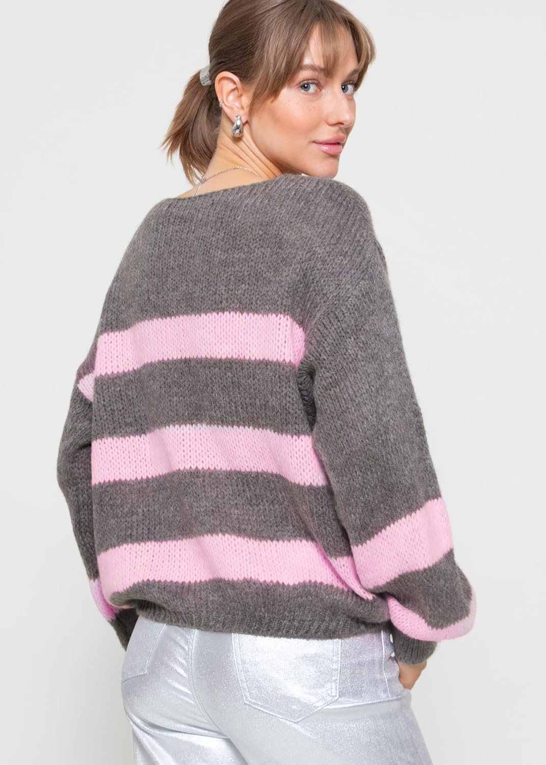 SASSYCLASSY Streifen Strickpullover Damen Oversize - Madie in Italy - grobmaschig V Ausschnitt Pulli
