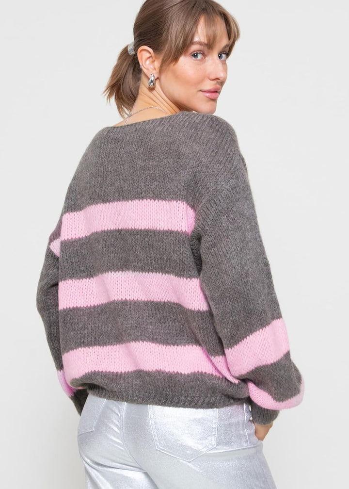 SASSYCLASSY Streifen Strickpullover Damen Oversize - Madie in Italy - grobmaschig V Ausschnitt Pulli
