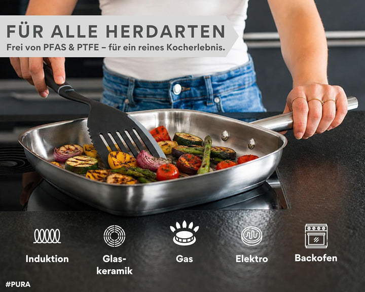 DIVORY Grillpfanne gerillt 28 x 28cm, unbeschichtete Steakpfanne aus Edelstahl - Induktion, backofen