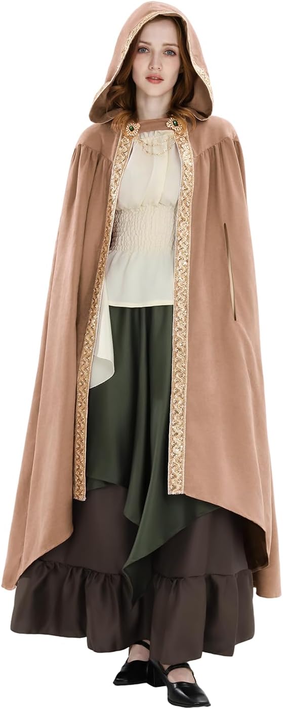 Fiamll Mittelalter Umhang Damen Kapuze Mantel mit Manschette Einfarbige Trenchcoat Renaissance Vampi