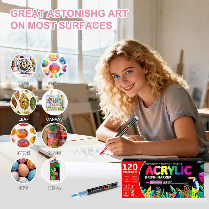 120 Farben Acrylstifte für Steine Wasserfest, Permanent Acrylic Marker, Pinselspitze Acrylstifte für