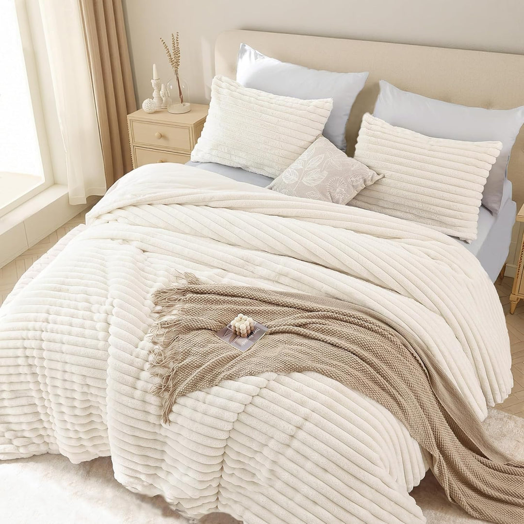 Freyamy Plüsch Bettwäsche 135x200 Khaki Weiss,Flauschig Cashmere Fleece Winterbettwäsche,Warme Flane