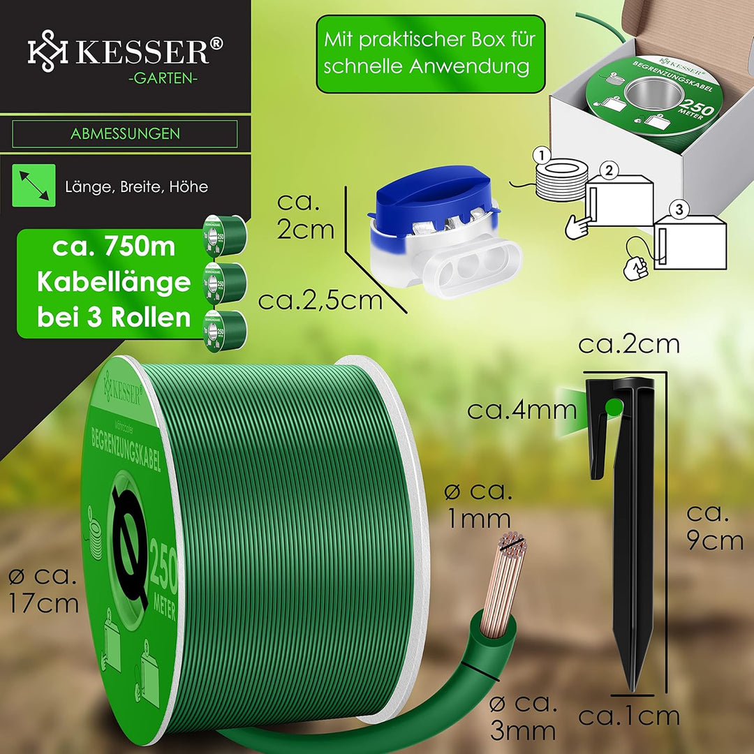 KESSER® Begrenzungskabel 750m + 2400 Erdspiesse + 36 Kabelverbinder für Mähroboter Rasenmäher Rasenr