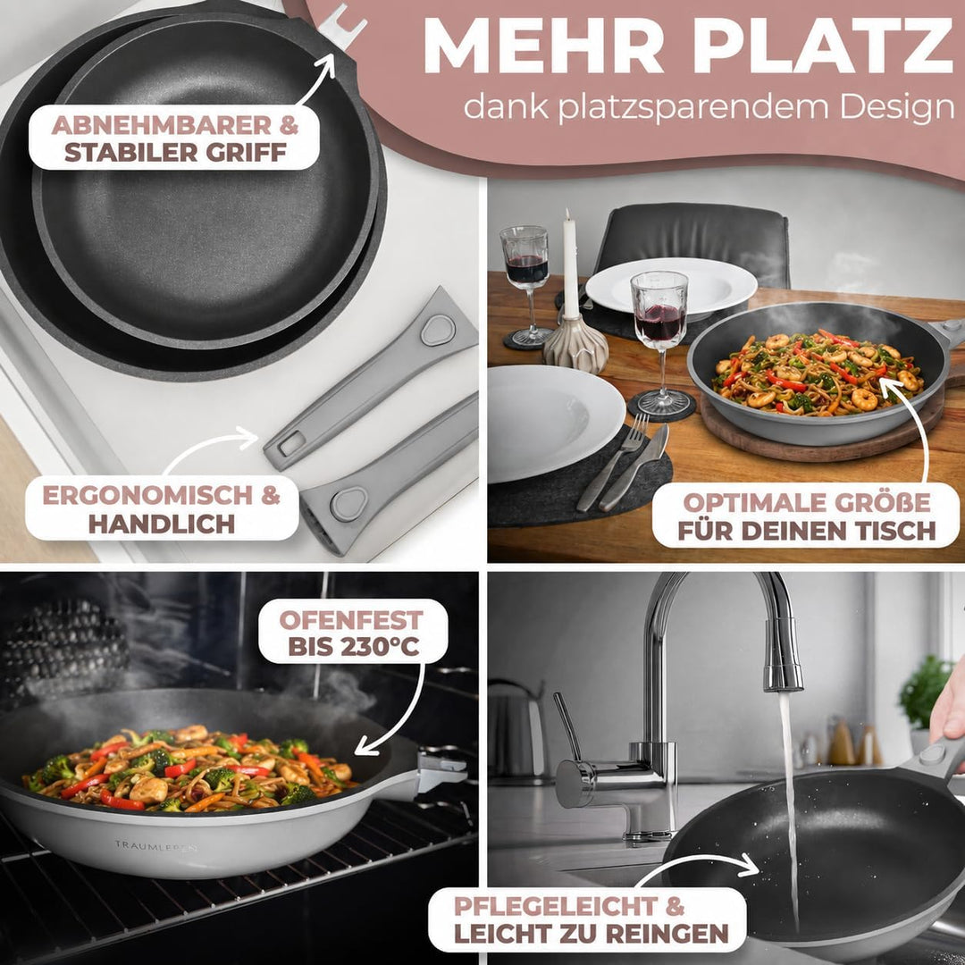 TRAUMLEBEN NEU Pfannenset 2-teilig 24, 28 cm mit abnehmbarem Griff, Antihaftbeschichtung, PFOA frei,