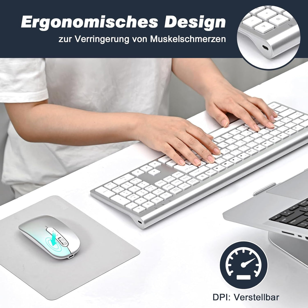 cimetech Tastatur Maus Set Kabellos, Ultra-Dünne Wiederaufladbare Kabellose Tastatur und Maus Ergono