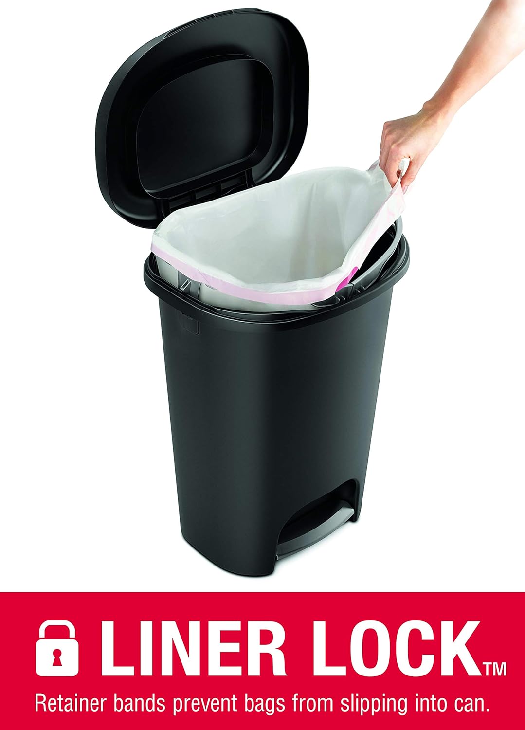 Rubbermaid Classic 13G Mülleimer mit Edelstahlpedal, Schwarz schwarz Premium Step-On, schwarz Premiu