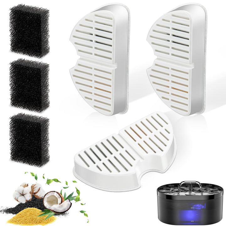 Cat Fountain Filter, 3 Pieces Filters + 3 Pieces Foam Filters for Cat Drinking Fountain, Filtering H