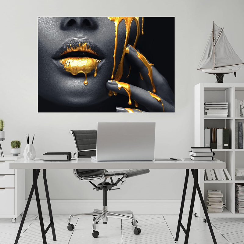 wandmotiv24 Poster als Wanddeko, Grösse 100x70cm, Frauen Lippen mit Goldener Farbe, Beauty, Frau, Ma