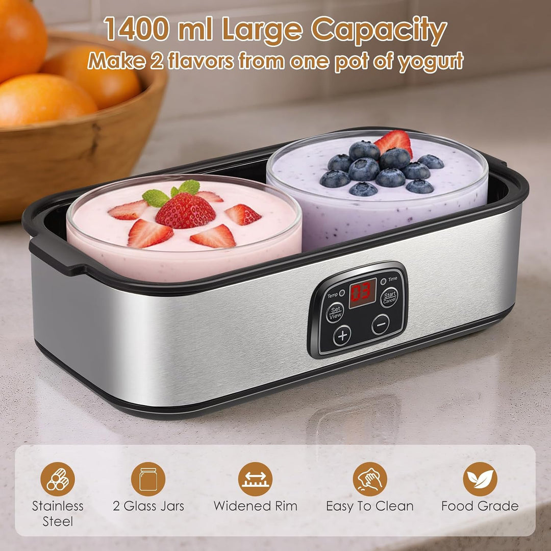 Joghurtbereiter 2L, Yoghurt Maker mit LED Display &amp; 2x 1000ml Glasbehältern, Joghurt Maker Machine m