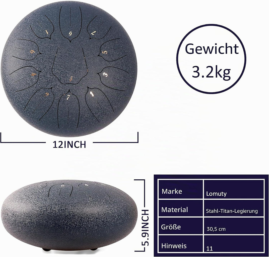 LOMUTY Stahlzungentrommel, 12 Zoll 30 cm Steel Tongue Drum, C-Dur 11 Noten, Handtrommel HandPan Drum