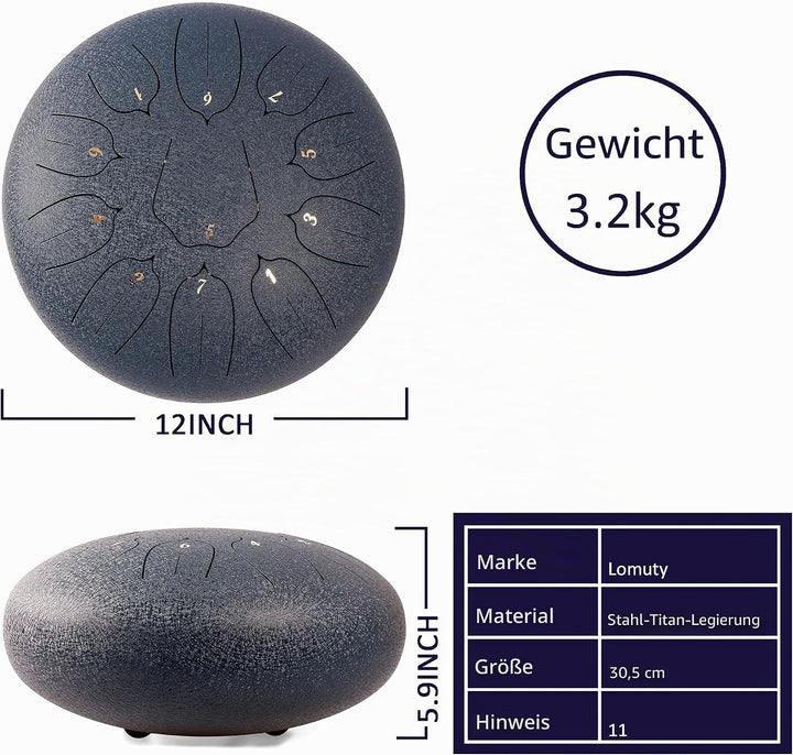 LOMUTY Stahlzungentrommel, 12 Zoll 30 cm Steel Tongue Drum, C-Dur 11 Noten, Handtrommel HandPan Drum