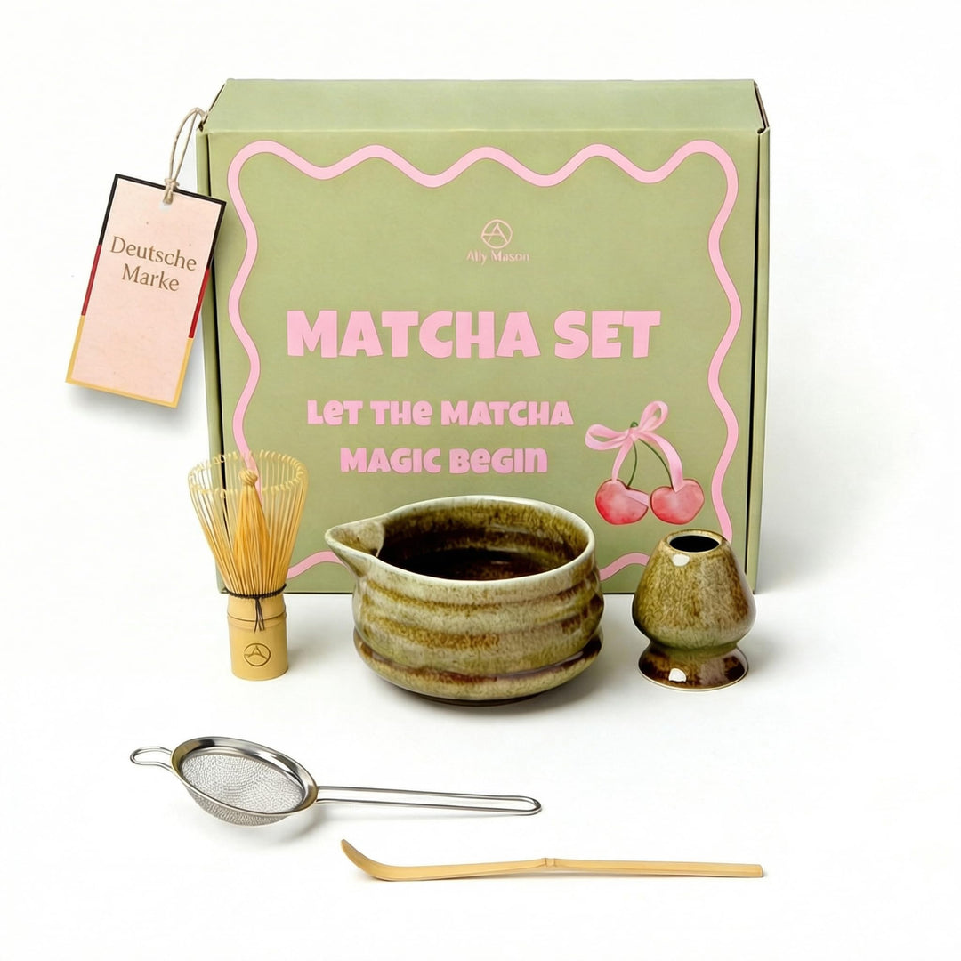 Design Matcha Set 5-teilig in grün – Hochwertige Keramikschale mit Bambusbesen (Chasen) – Stilvolles