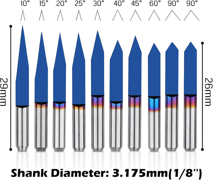 Genmitsu 10 Stück 1/8 Zoll Schaft V-Nut CNC-Fräser-Bits, 10/15/20/25/30/40/45/60/90/90 Grad-Set, kon
