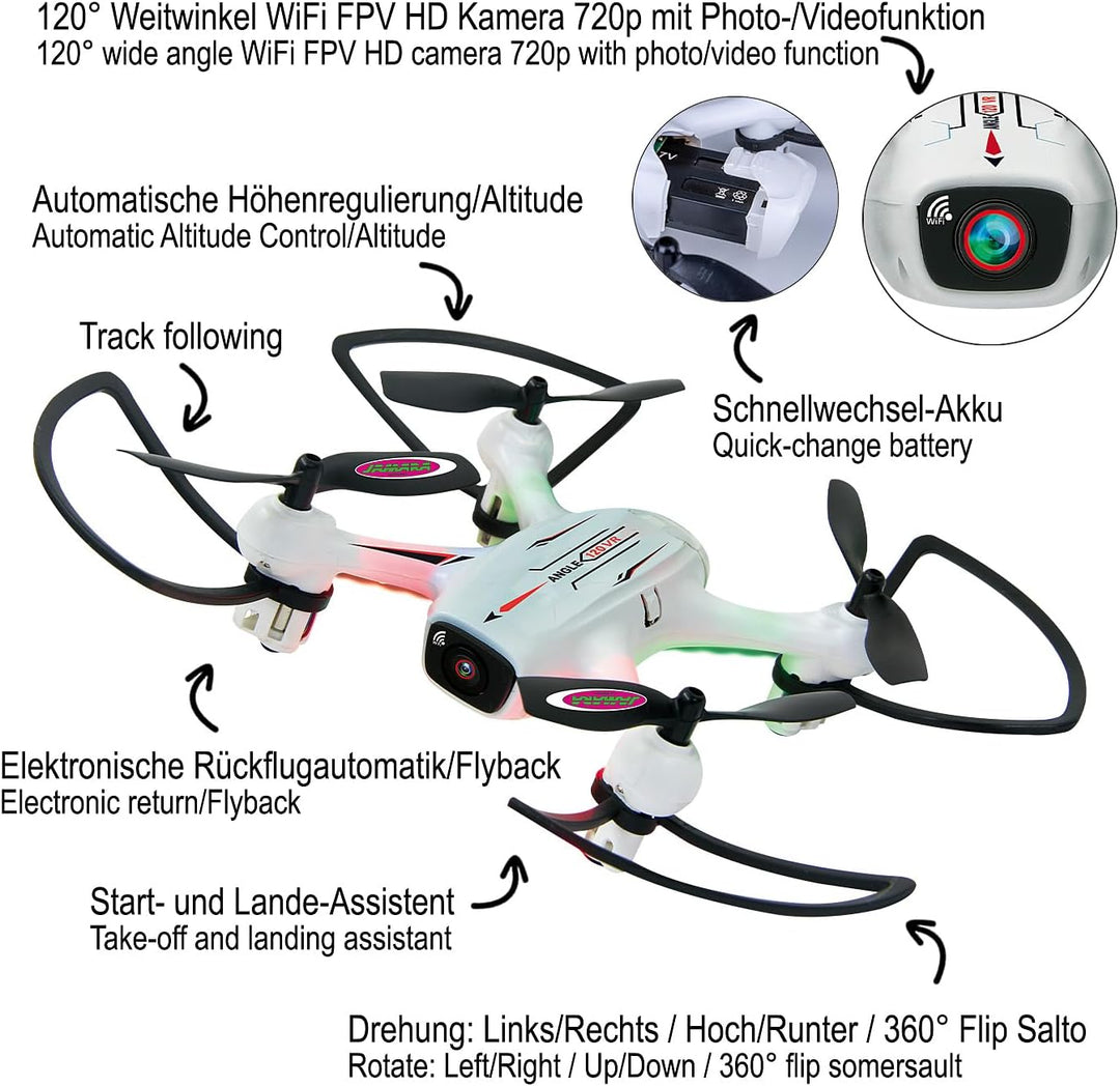 JAMARA 422029 - Angle 120 Altitude HD Wifi VR, inkl. VR-Brille, Altitude Hold Adjustment, Kompass/Fl