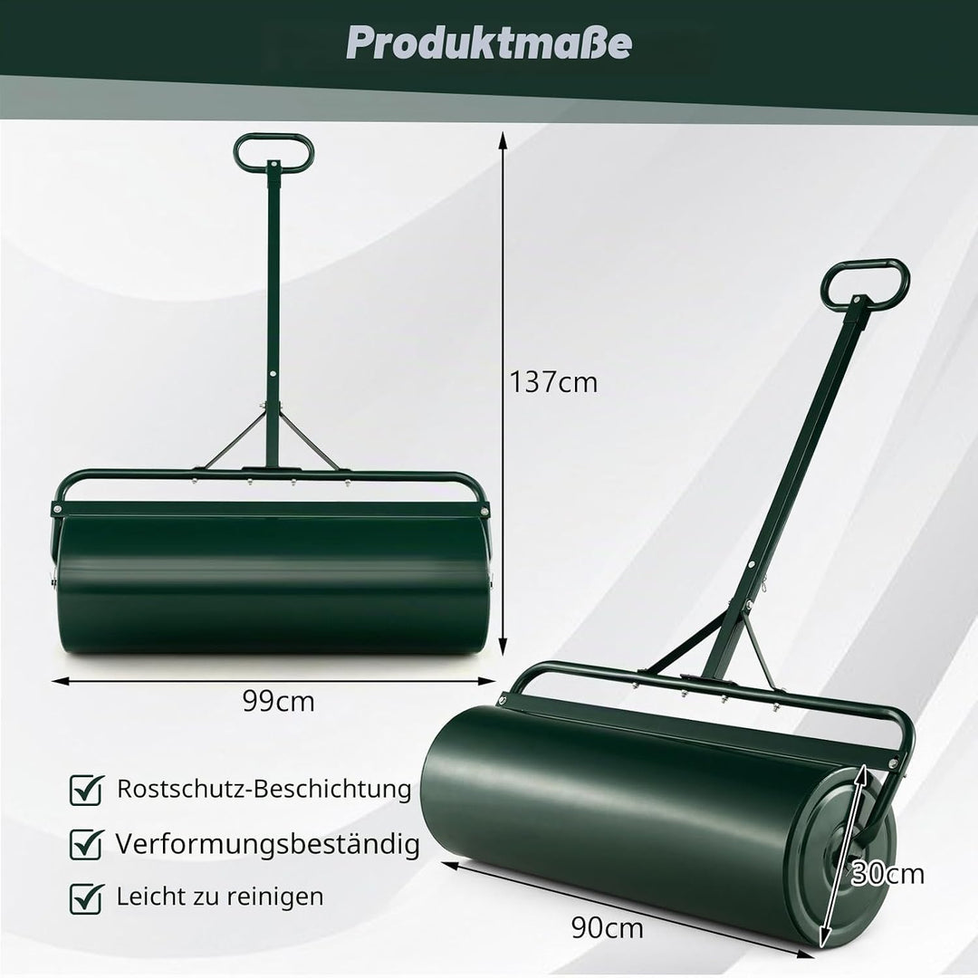 SOARS Rasenwalze befüllbar 63L, Ø30cm Handwalze, Rasenroller mit U-Griff & abnehmbarem Ablassstopfen