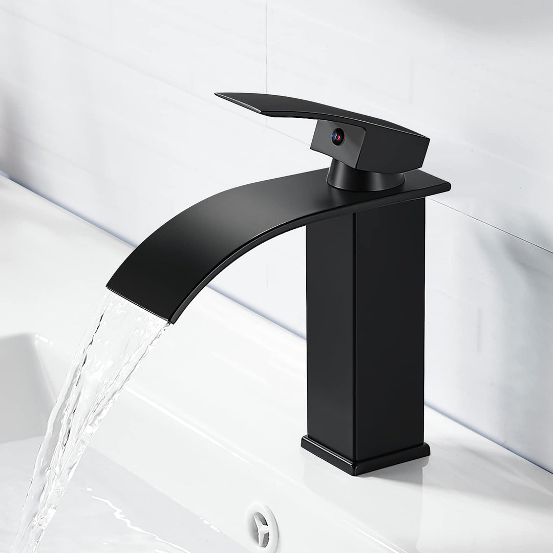 Wasserhahn Bad Schwarz | Wasserfall Waschtischarmatur für Badezimmer | Mischbatterie Waschbecken Ein