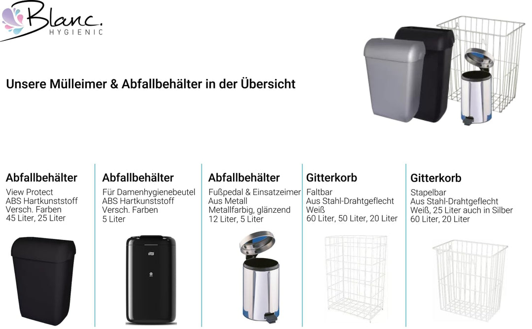 Blanc HYGIENIC Papierkorb FIX – Mülleimer aus Stahlblech, Drahtgitter-Abfallbehälter 60 Liter, zum H