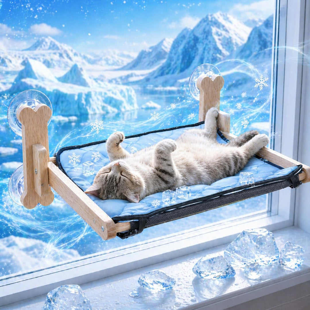 SZEE Katzen Fensterliege Massivholz mit Doppelseiten-Kissen (Ice Silk + Flanell), Katzen Hängematte