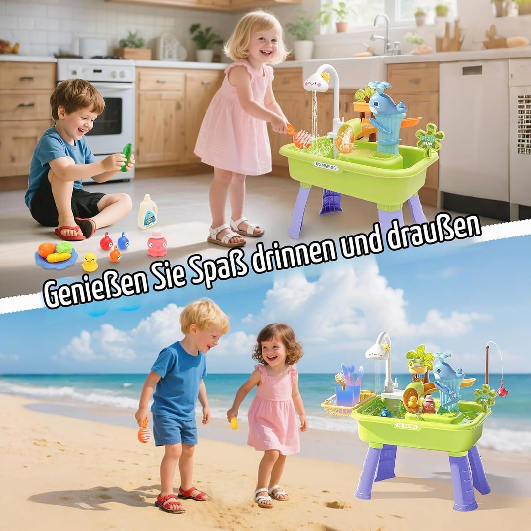 deAO 4-in-1 Kinder Waschbecken mit Wasserfunktion &amp; Sand- und Wassertisch – Wasserspieltisch Outdoor