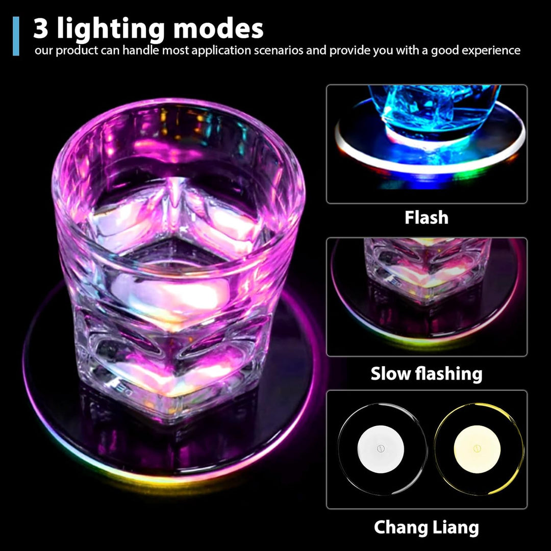 8 Stück LED Untersetzer: Ø 10cm Leuchtuntersetzer Rund aus Acryl, Wasserdicht mit 7 Farbmodi & ON/Of