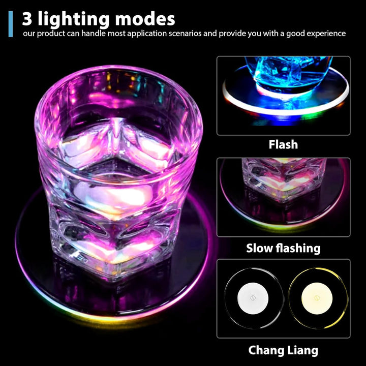 8 Stück LED Untersetzer: Ø 10cm Leuchtuntersetzer Rund aus Acryl, Wasserdicht mit 7 Farbmodi & ON/Of