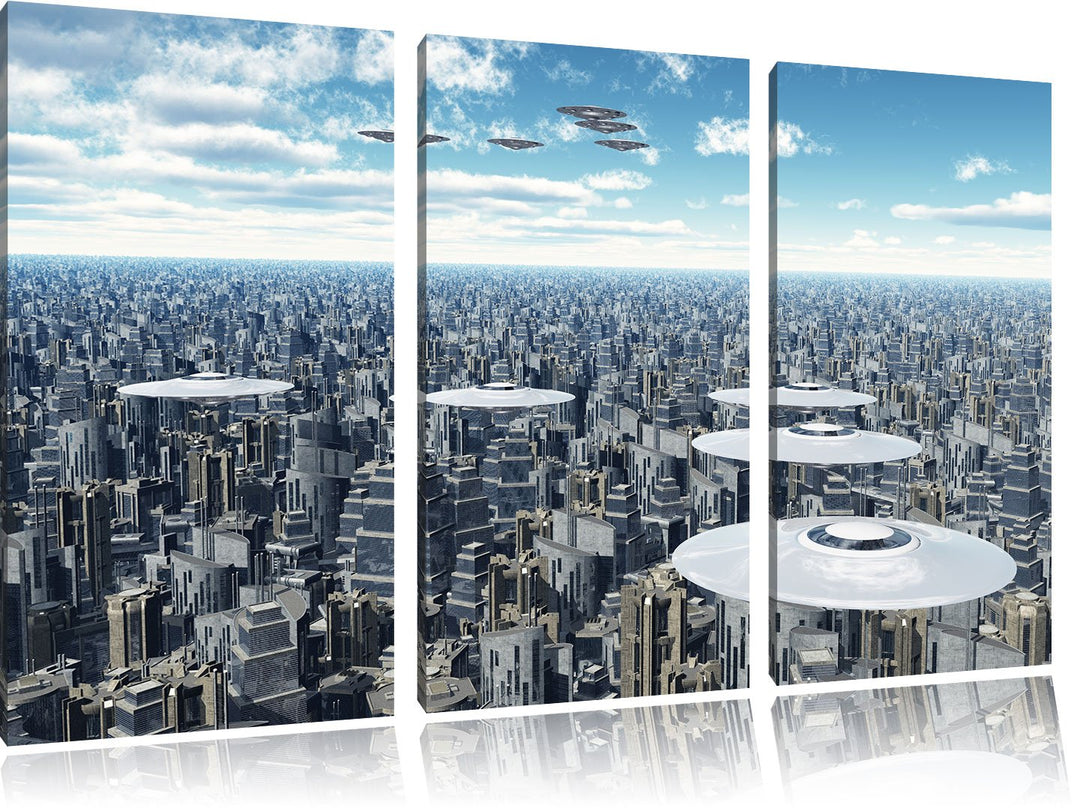 Pixxprint UFO´s über der Stadt als Leinwandbild/Grösse: 3Teilig / Wandbild/Kunstdruck/fertig bespann