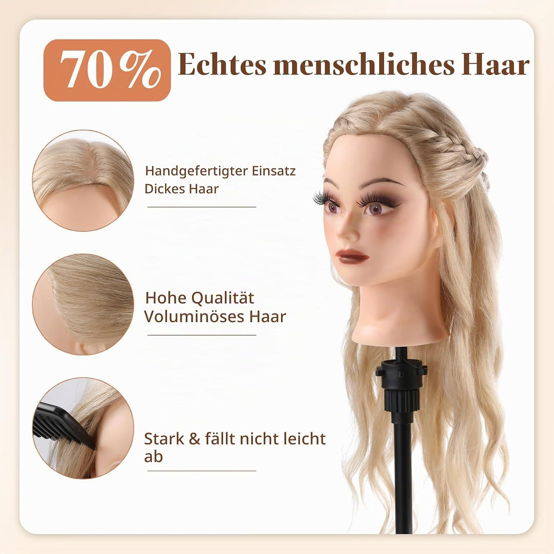 Frisierkopf 70% Echthaar Übungskopf 24 Zoll Frisierkopf Friseure Trainingsköpfe für Friseure zum Fri