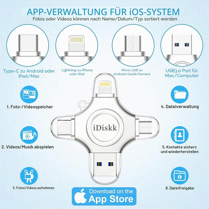 iDiskk zertifizierte Lightning-Festplatte, 128 GB, MFi für iPhone, 4-in-1, USB-Speicher, für iPhone/