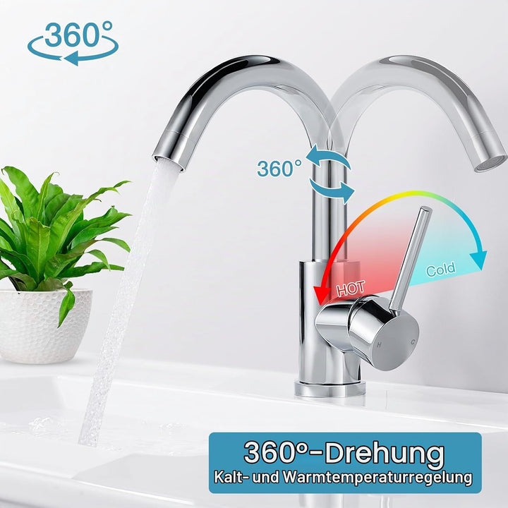 Wasserhahn Bad 360° Drehbar, Edelstahl Waschtischarmatur Armaturen Waschbecken Hoch, Einhebelmischer