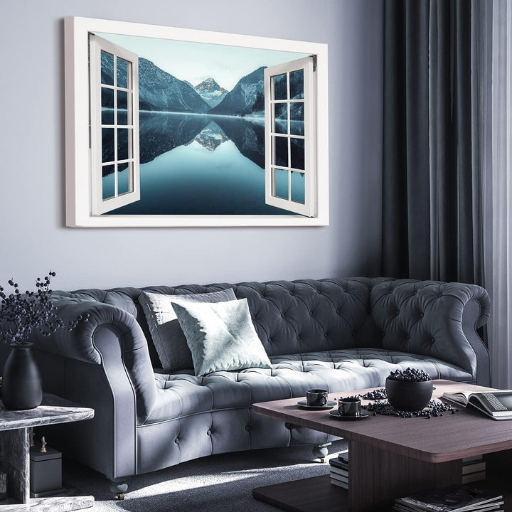PICANOVA – Bild auf Leinwand Bergsee Plansee Fenster 120x80cm Leinwandbild – Premium Leinwanddruck –