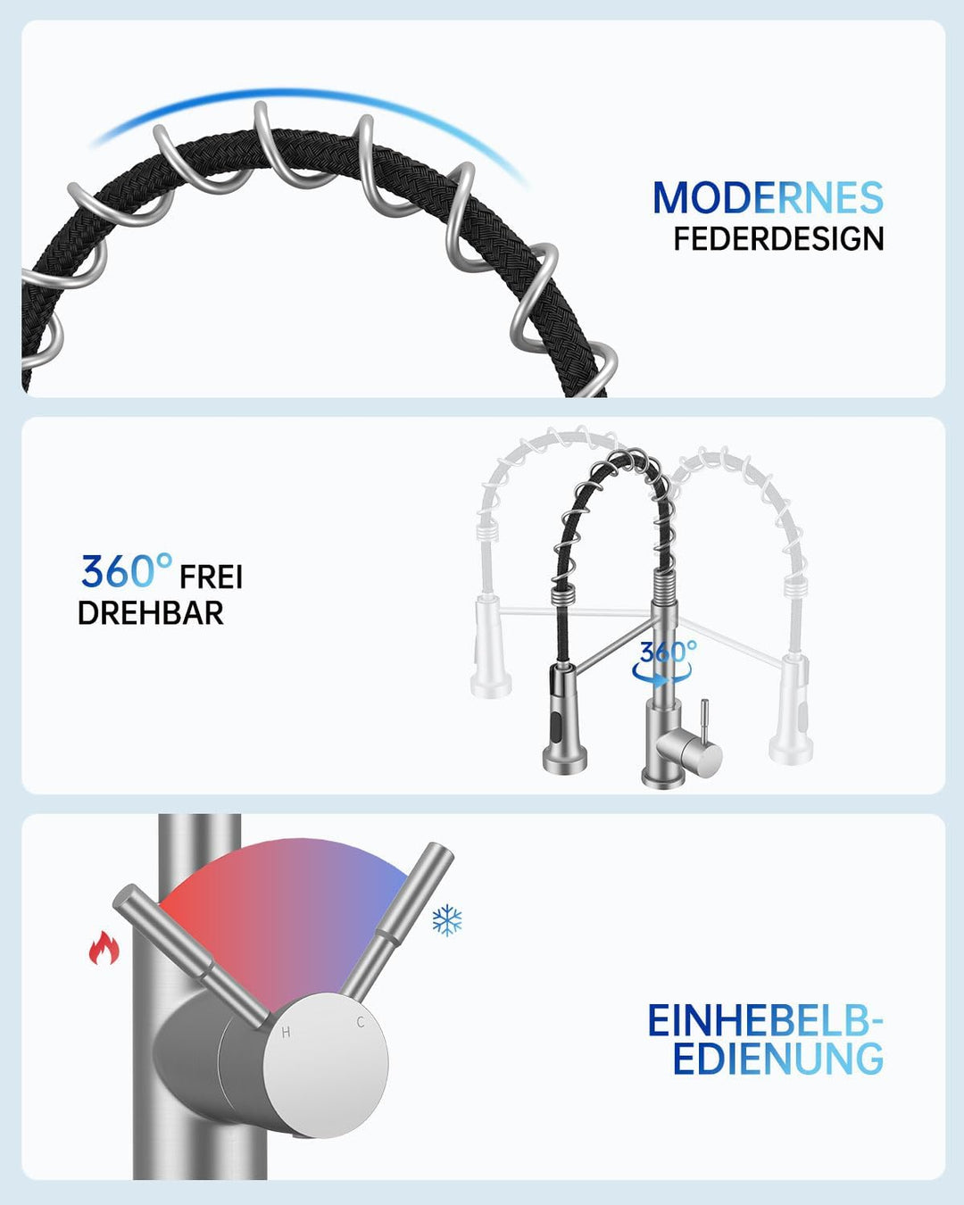 Exrenlly Küchenarmatur, Ausziehbare Commercial Spring Spültischarmatur, Einhebel Hochbogen Wasserhah