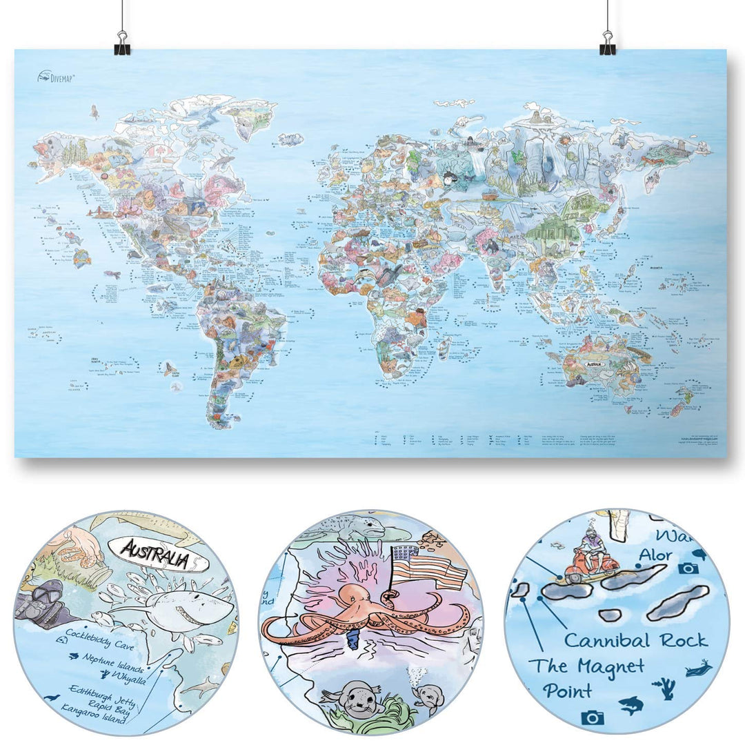 Tauch Weltkarte | AWESOME MAPS | Entdecke die 300 spektakulärsten Spots zum Tauchen - 97,5 x 56cm Po