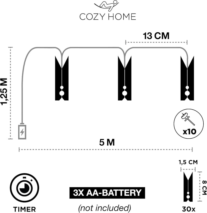 CozyHome Foto Lichterkette Fotoclips - 30 LED mit Klammern & 5m Timer Batterie I Fotolichterketten F