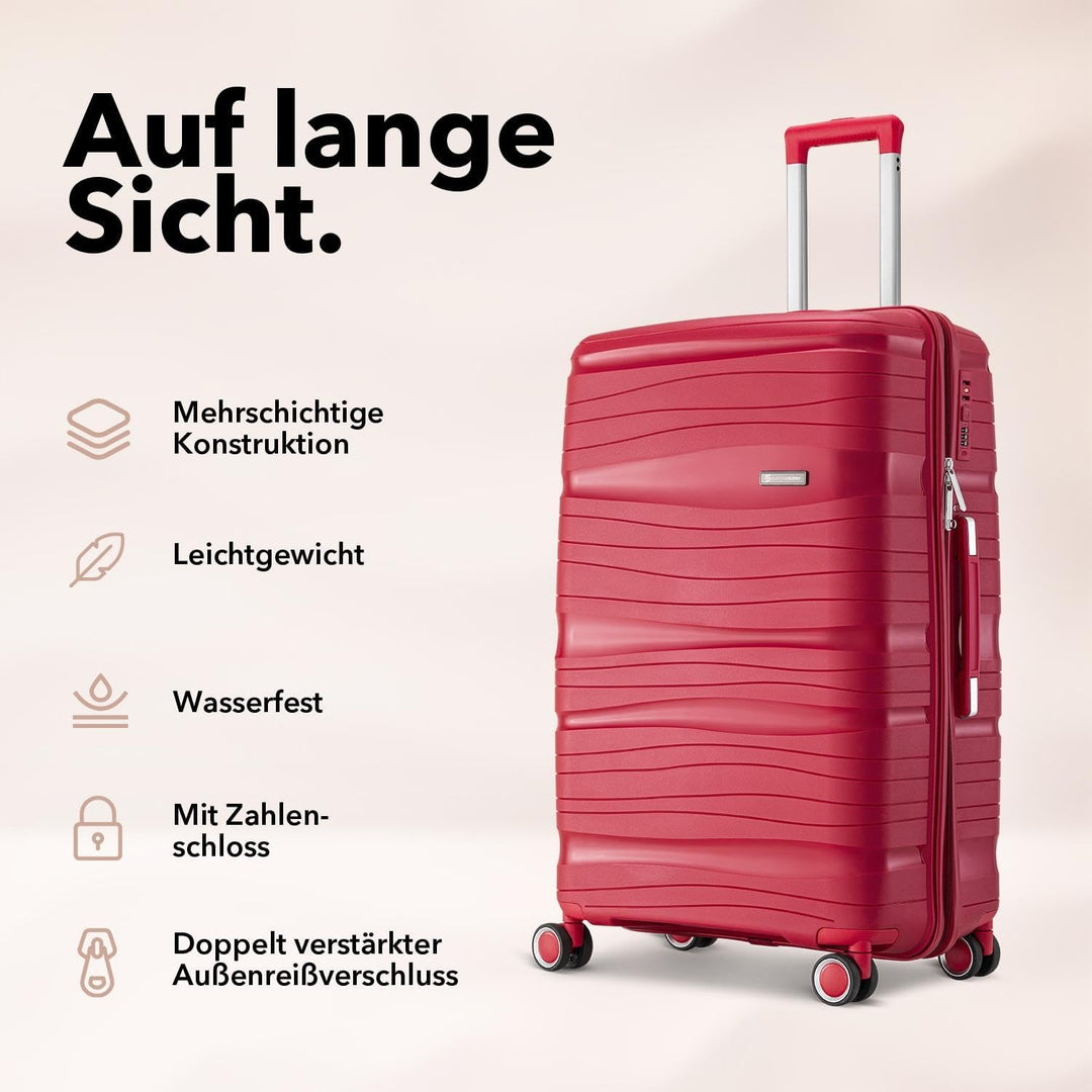 Travel One Handgepäck-Koffer 40L – Rot – Hartschalenkoffer Kabinentrolley, 4 Rollen, Zahlenschloss &