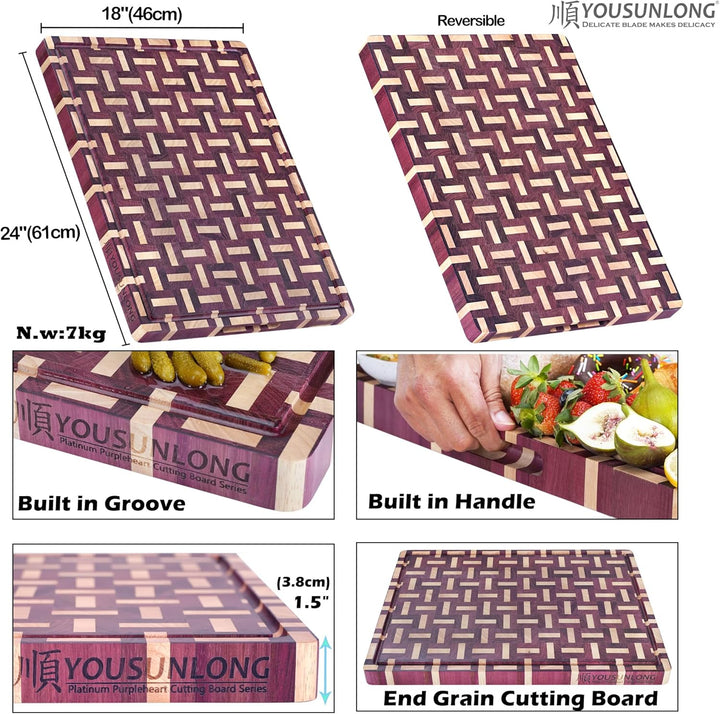YOUSUNLONG Extragrosses Schneidebrett - Querholz (End Grain) aus Purple Heart Holz - Dicke & schwere