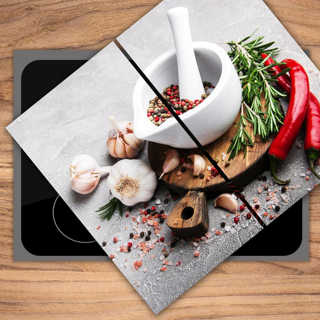 SmartDecoration Herdabdeckplatte Ceranfeldabdeckung aus Glas 2 x 30x52 cm Zweiteilig Motiv "Gewürze"