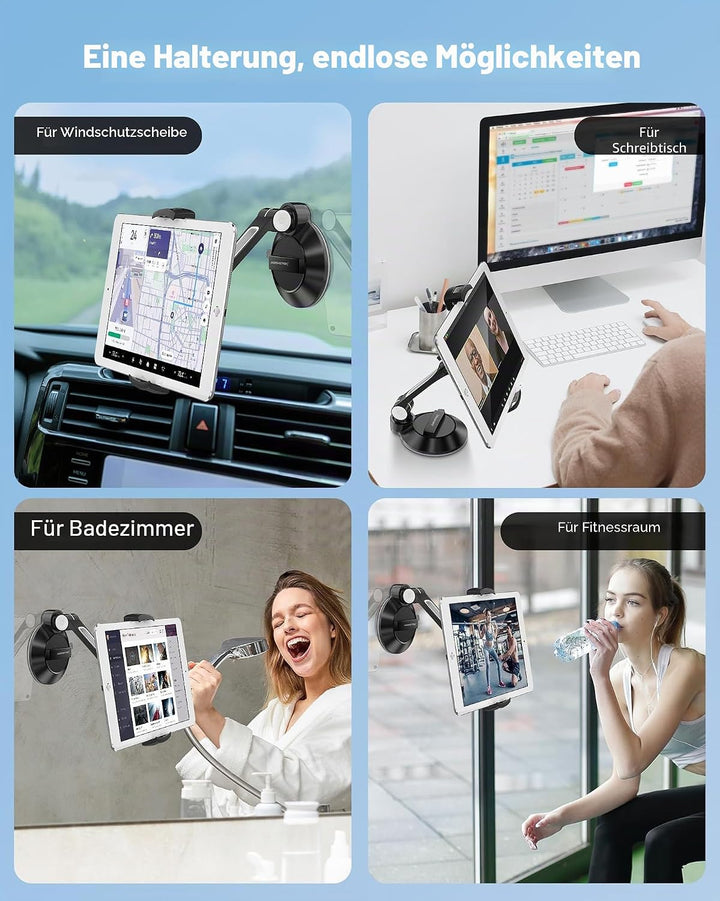 AboveTEK Tablet & Handy Ständer mit Saugnapf – Faltbare 360° Halterung Auto für iPad/Smartphones (4–