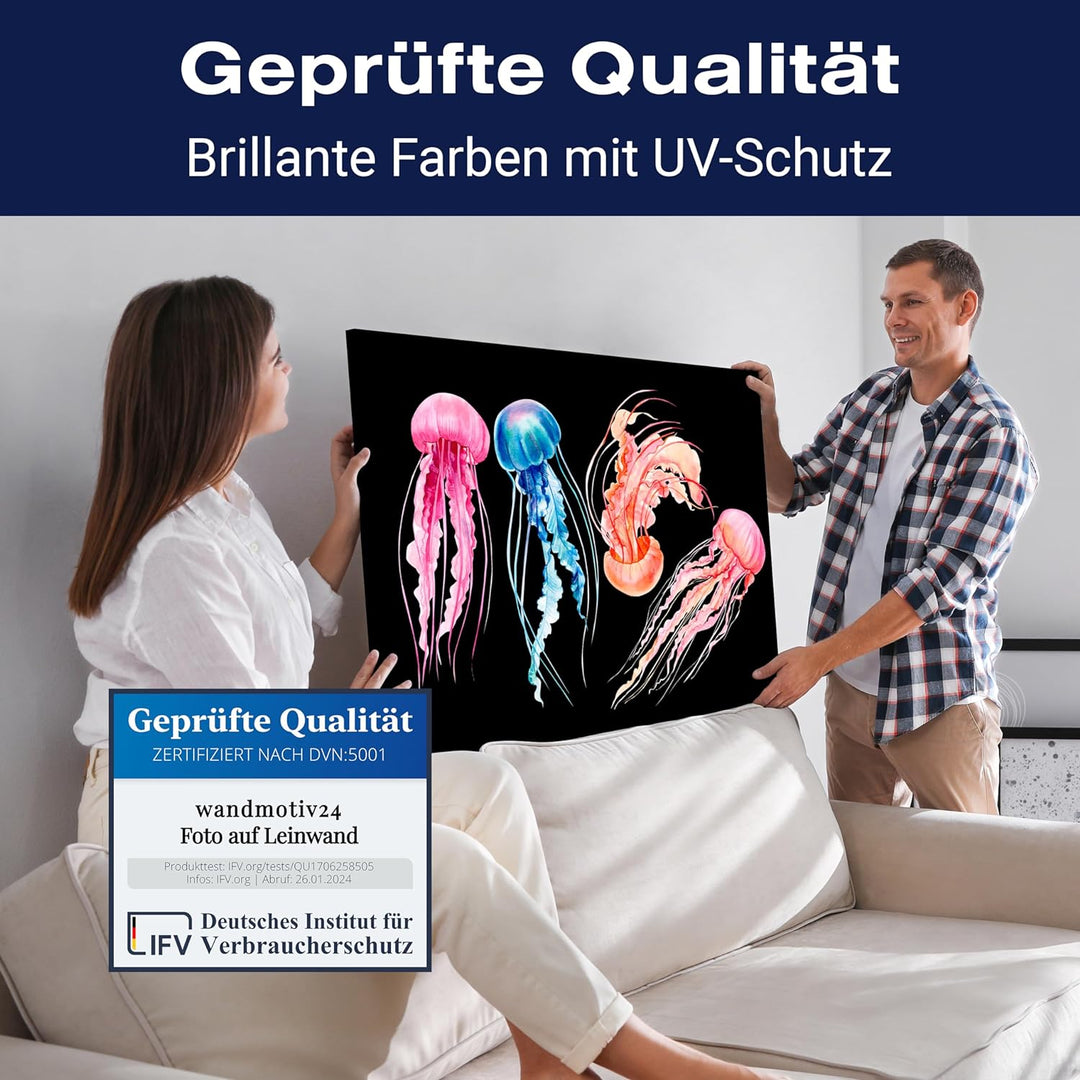 wandmotiv24 Maritime Deko als Leinwandbild, 100x75cm, Querformat, Bunte Quallen, Aquarell Gemälde, T
