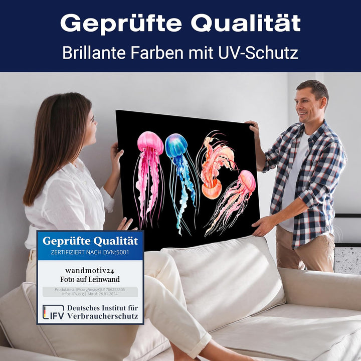 wandmotiv24 Maritime Deko als Leinwandbild, 100x75cm, Querformat, Bunte Quallen, Aquarell Gemälde, T