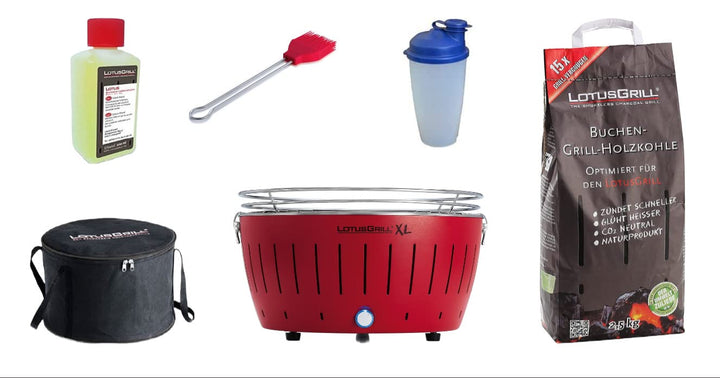 LotusGrill XL Starter-Set 1x XL Grill Feuerrot mit USB-Anschluss, 1x Buchenholzkohle 2,5 kg, 1x Bren