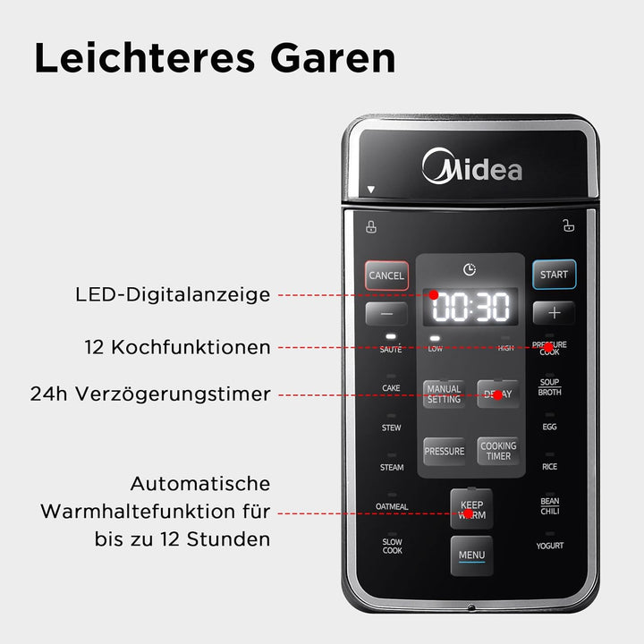 Midea Elektrischer Schnellkochtopf 9-in-1, 12 Voreinstellungen Instant-Multikocher Antihaft-Topf Jog