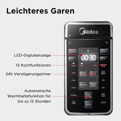 Midea Elektrischer Schnellkochtopf 9-in-1, 12 Voreinstellungen Instant-Multikocher Antihaft-Topf Jog