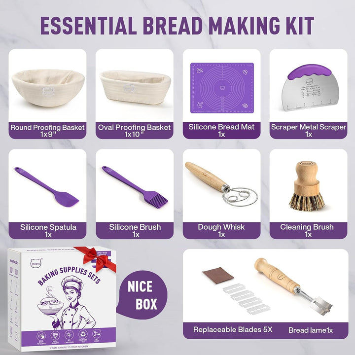 Sauerteig Brot Backen Zubehör gärkörbchen Kit - Teig Schneebesen, Brot Lame, Gärkörbe 10 Zoll rund u