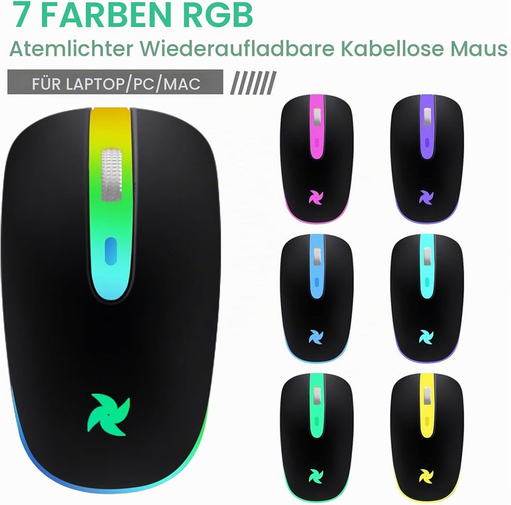 Maus Kabellos 2.4G USB Funkmaus 3DPI Wiederaufladbare Laptop mit USB-Empfänger 7 Typen LED Beleuchte