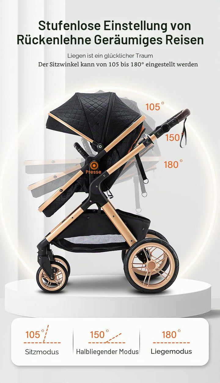 YAZOCO kinderwagen 3 in 1, Zusammenklappbar kinderwagen mit Wickeltasche,Komplettset Becherhalter,Mo