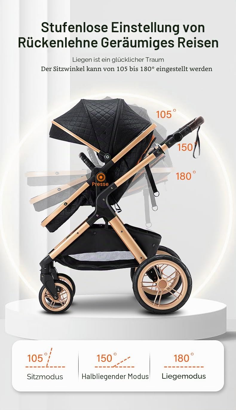 YAZOCO kinderwagen 3 in 1 Buggy Babybett Komplett Set Einem Klick Zusammenklappbarer Kinderwagen, Ko