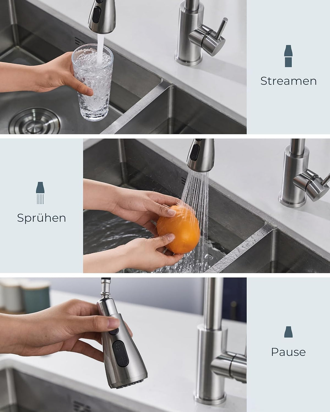 FORIOUS Küchenarmatur mit Seifenspender, ausziehbarer Wasserhahn Küche mit 2 Strahlarten, Einhebelmi