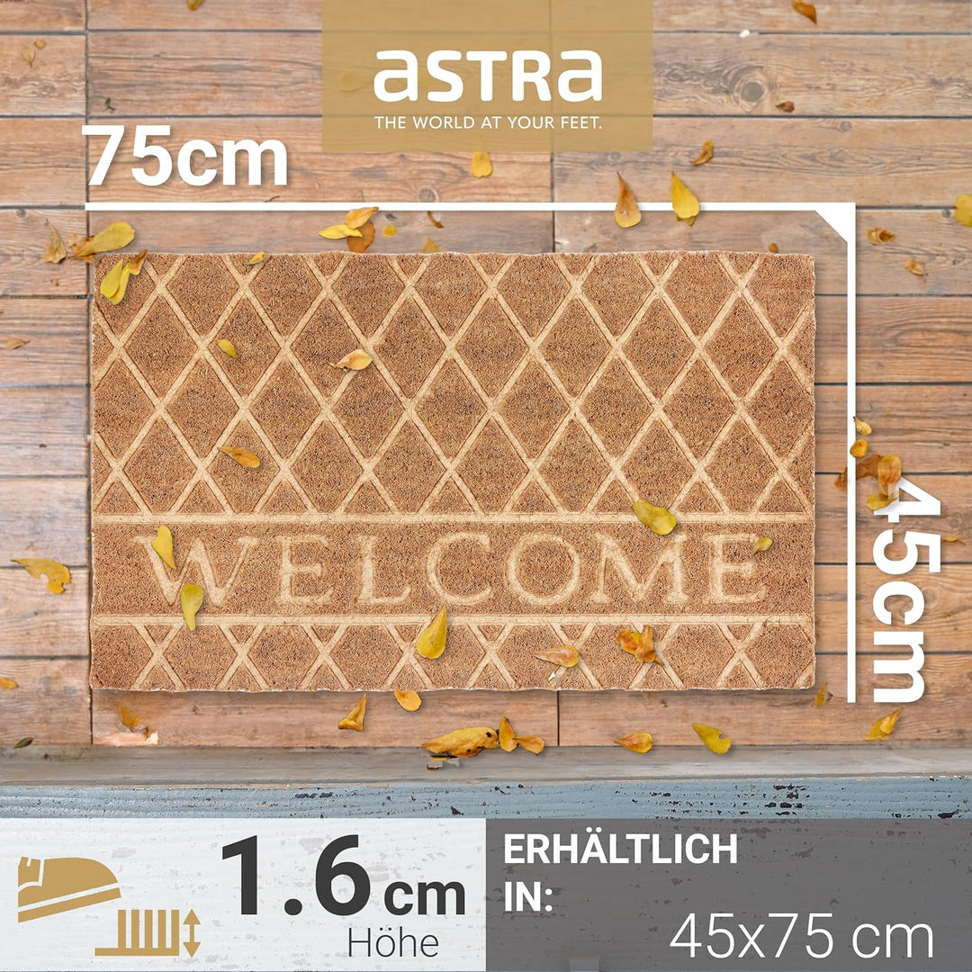 Astra Moderne Fussmatte Haustür - Kokosmatte 45x75cm Welcome Natur - rutschfeste Schmutzfangmatte ro